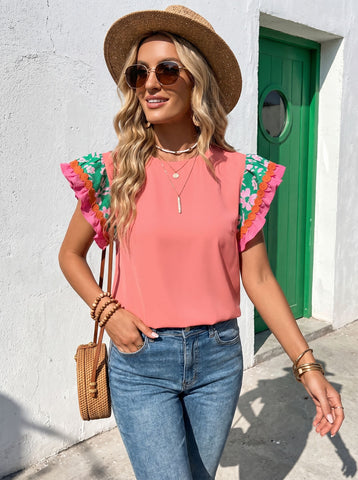 Floral Trim Sleeves Solid T-Shirt
