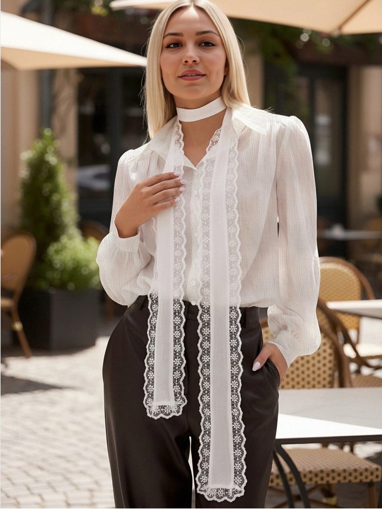 Elegant Lace Bow Tie Button Shirt