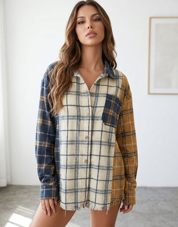 Oversized Colorblock Plaid Button Up Jacket