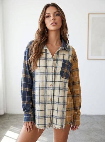 Oversized Colorblock Plaid Button Up Jacket