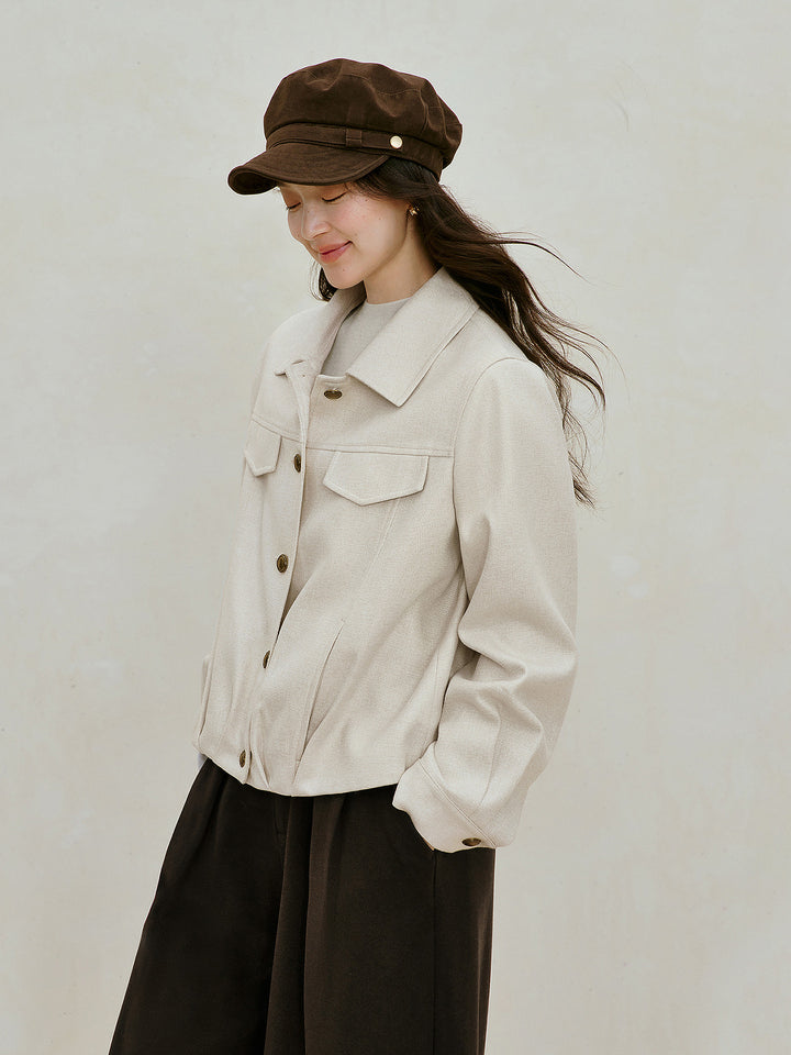 Textured Pleated Hem Button Up Jacket