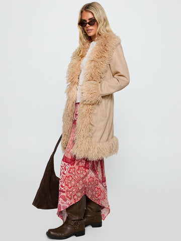 Faux Fur Trim Suede Coat
