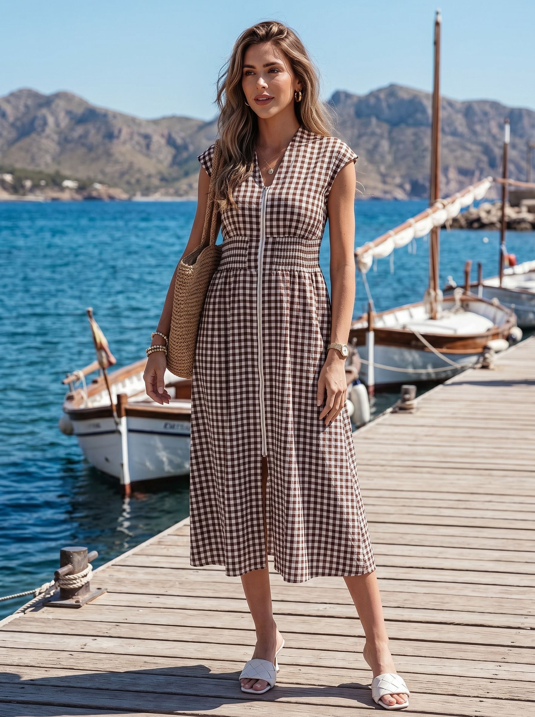 Check Pattern Front Zipper Midi Dress