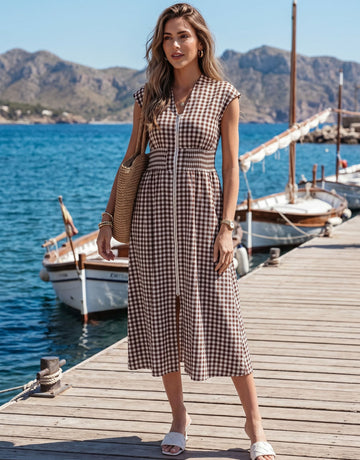 Check Pattern Front Zipper Midi Dress