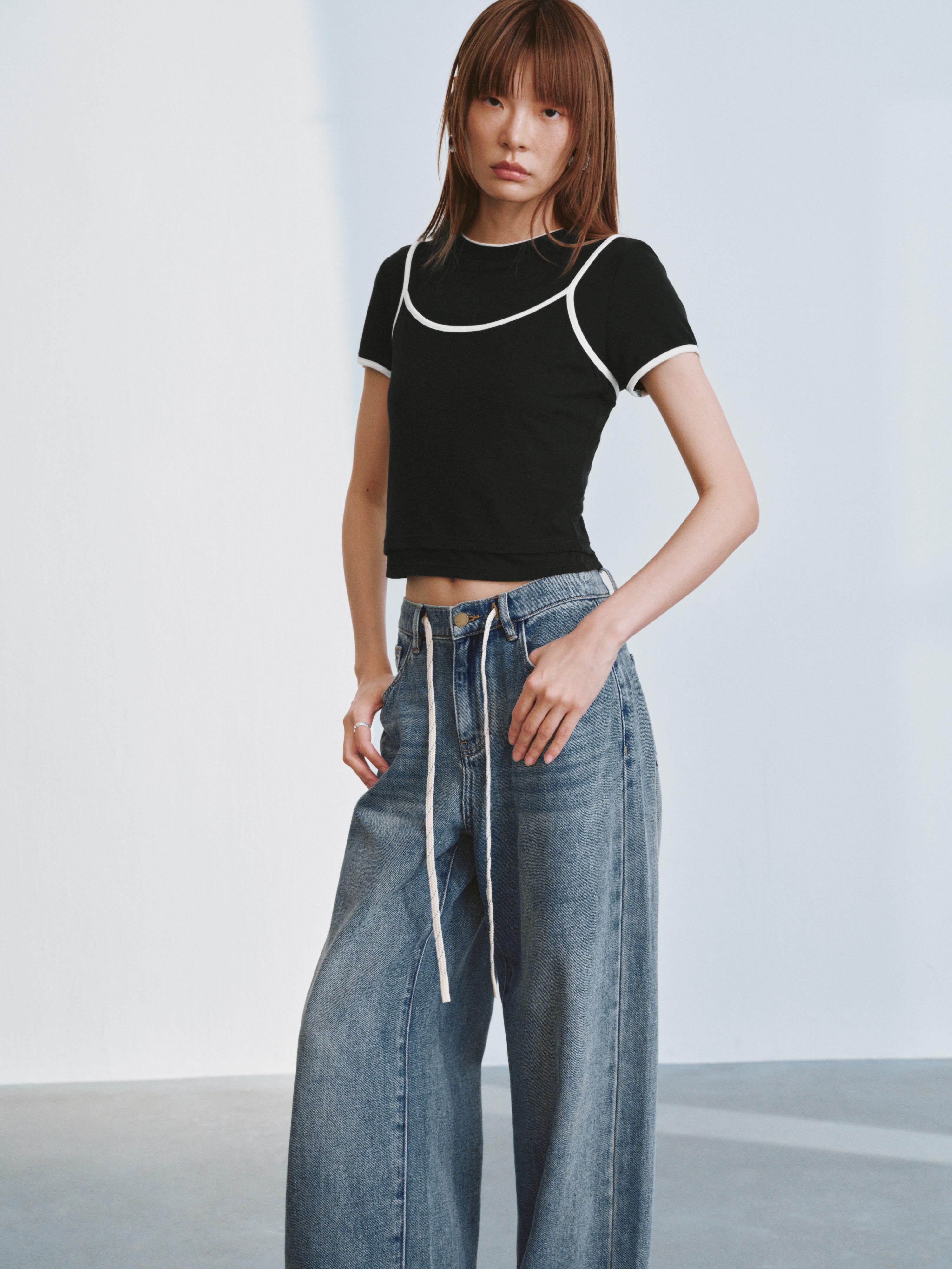 2 In 1 Contrast Skinny-Fit T-Shirts
