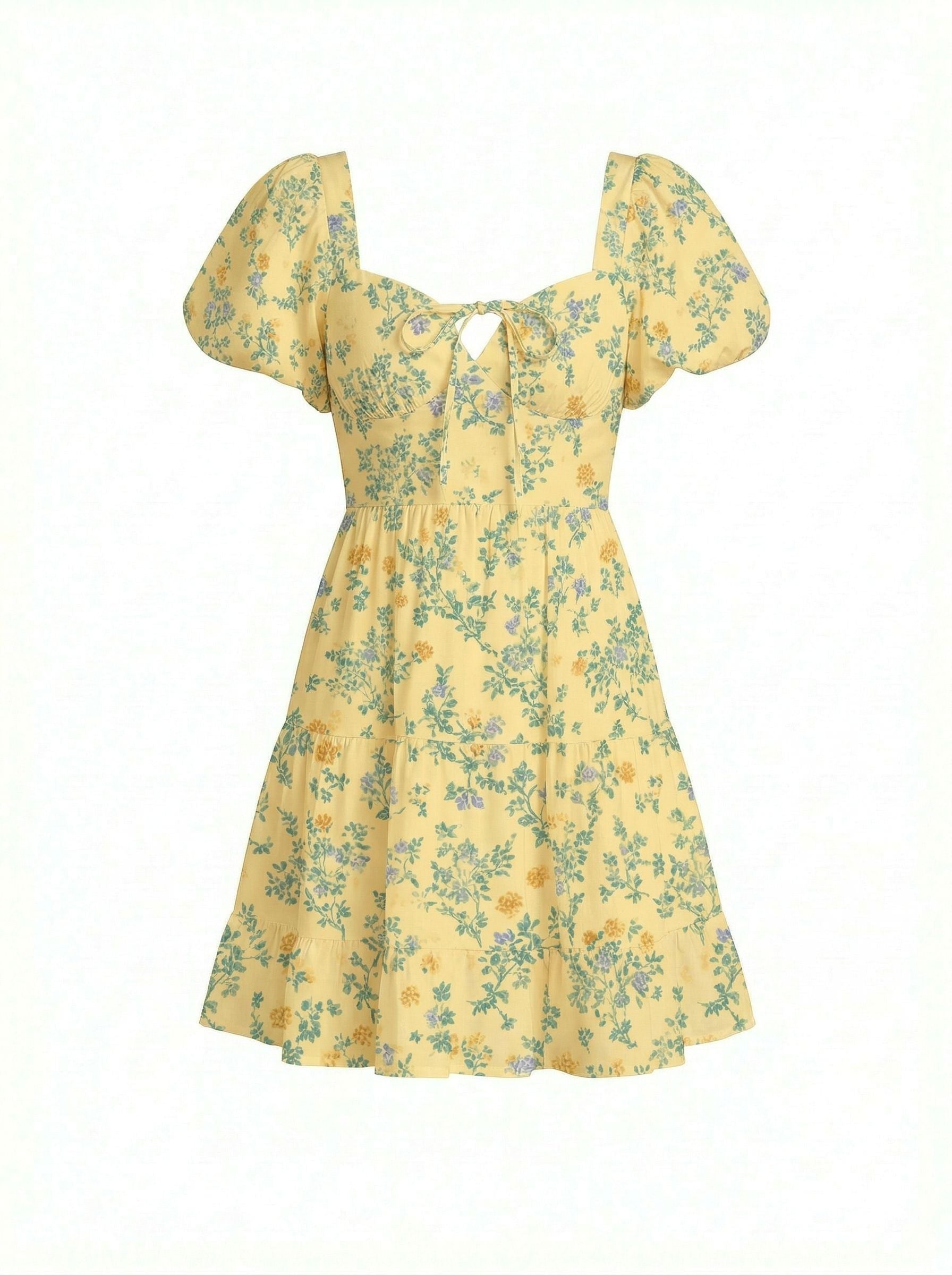 AYLA Floral Print Puff Sleeve Tiered Mini Dress