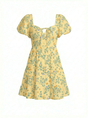 AYLA Floral Print Puff Sleeve Tiered Mini Dress