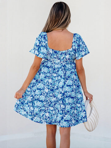 Floral Puff Sleeve Square Neck Dress
