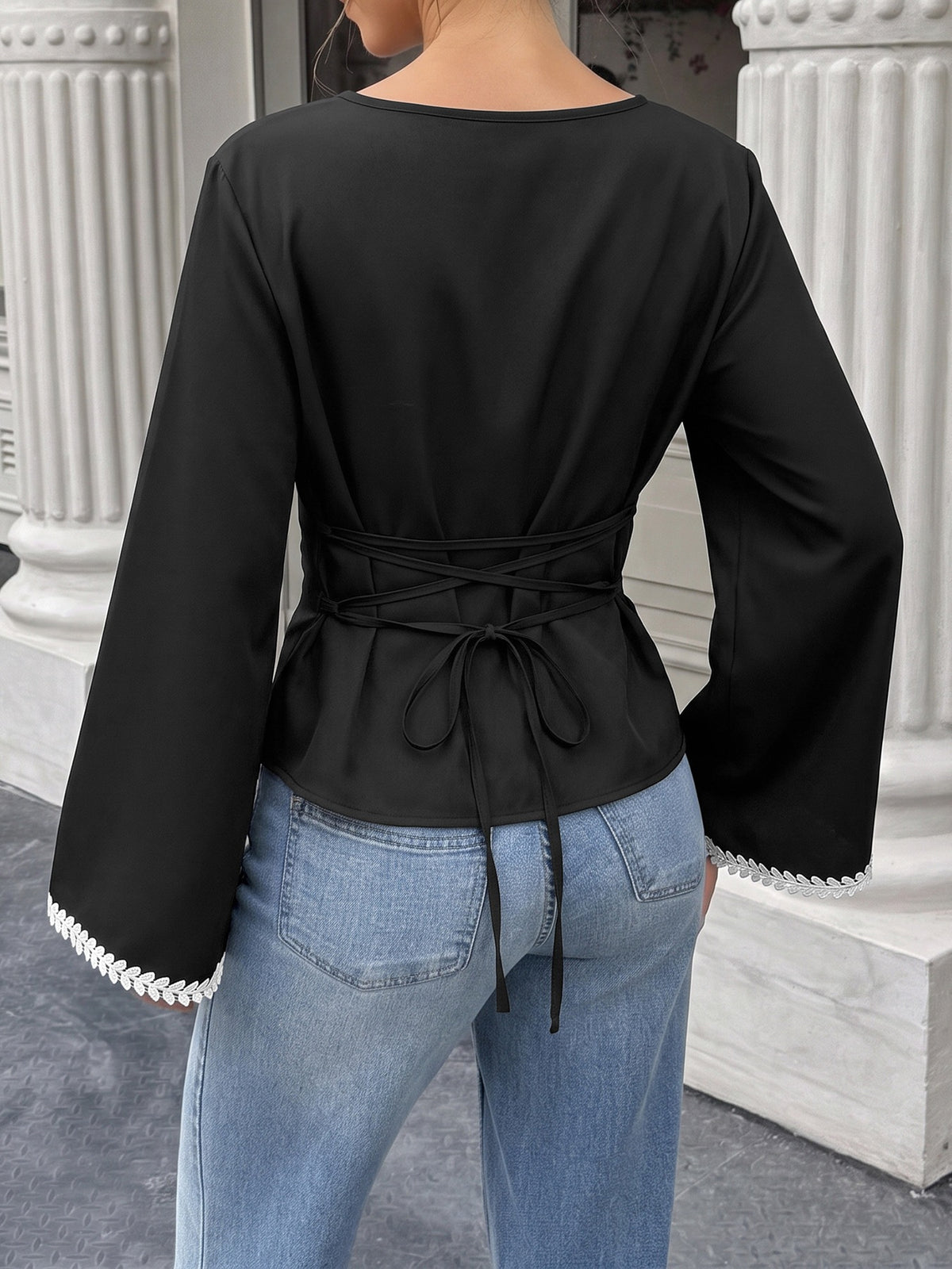 Elegant Embroidered Trim Bell Sleeve Blouse