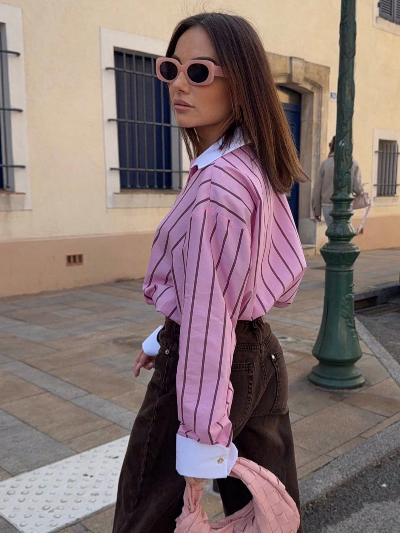 Oversized Striped Contrast Collar Button Down Shirt