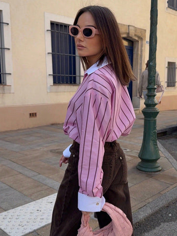 Oversized Striped Contrast Collar Button Down Shirt