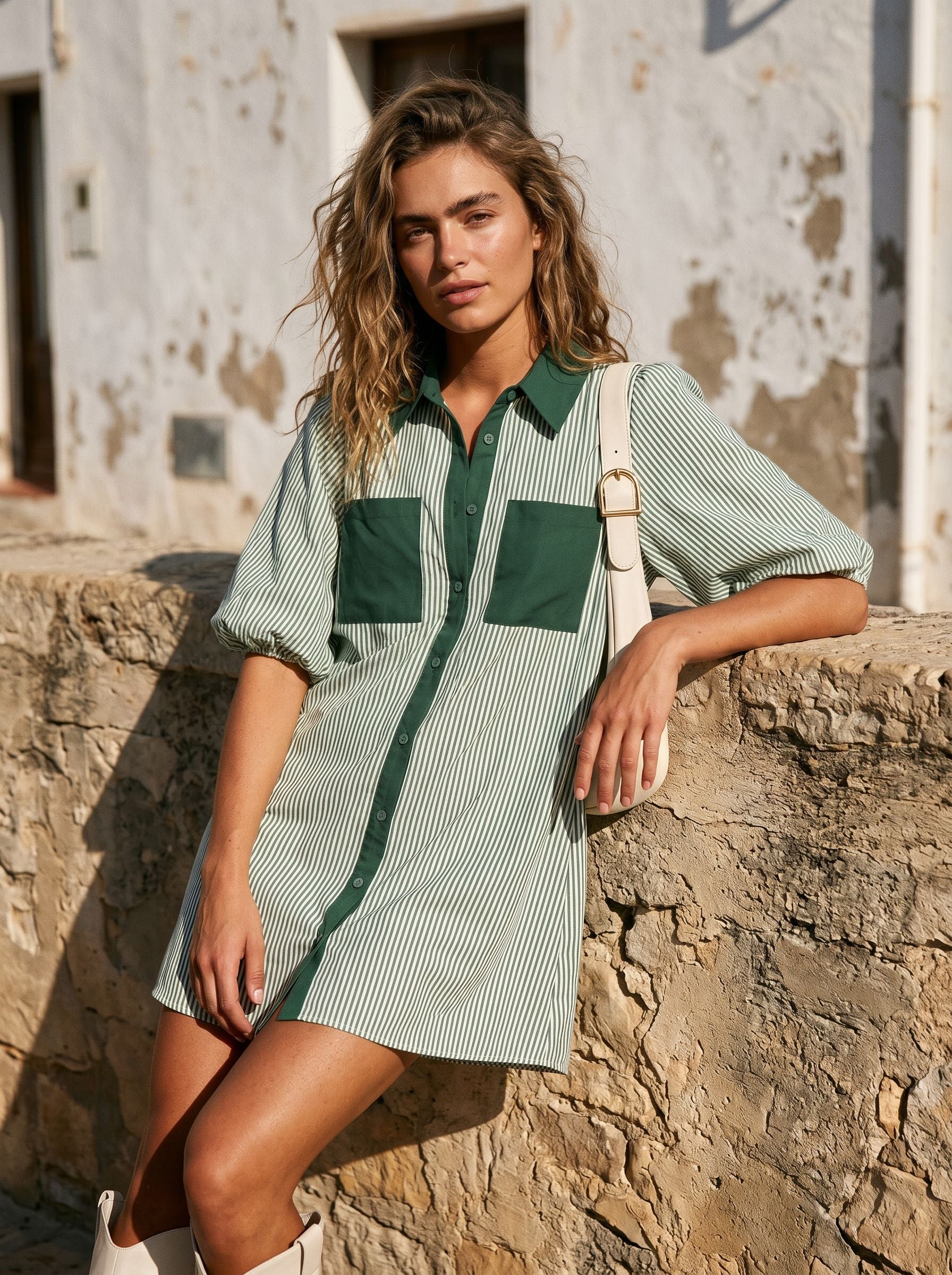 Striped Puff Sleeve Shirt Dress