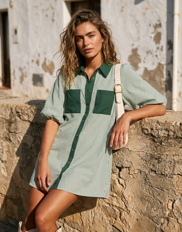 Striped Puff Sleeve Shirt Dress