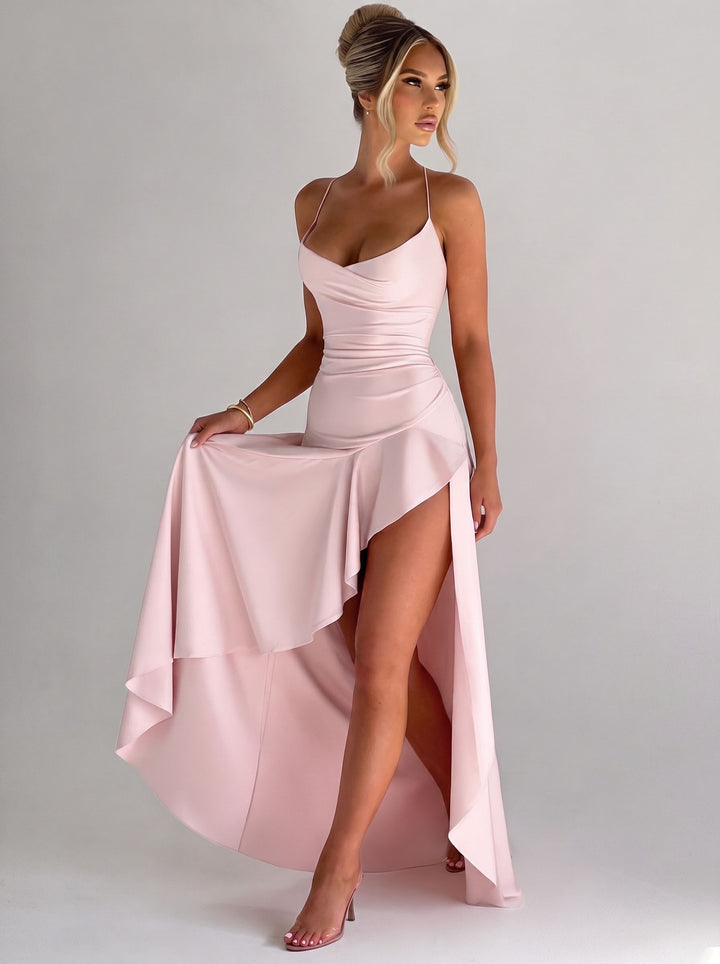 Satin Ruched High Slit Maxi Dress