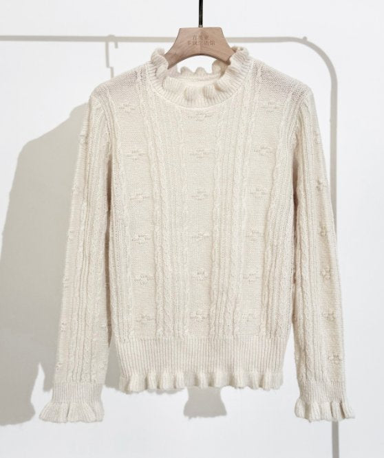 Ruffled Mock Neck Cable Knit Sweater