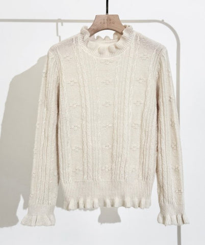 Ruffled Mock Neck Cable Knit Sweater