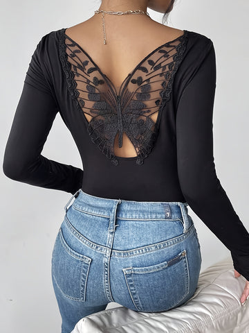Butterfly Lace Back Long Sleeve Top