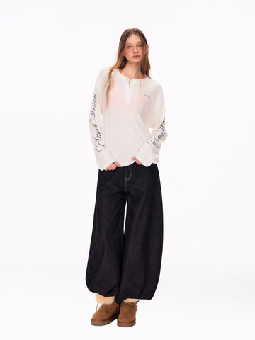 Oversized Thermal Henley Long Sleeve T Shirt