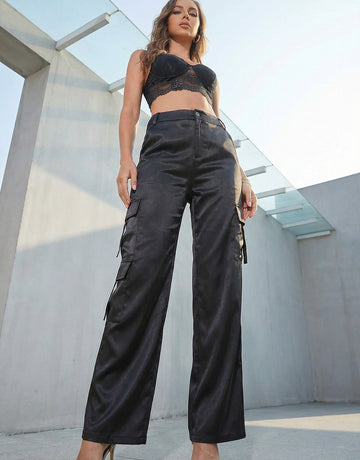 Silky-Sheen Utility Pocket Straight-Leg Pants