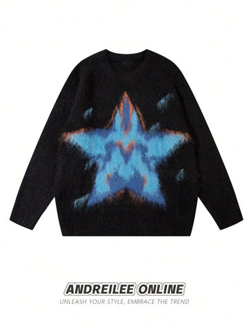 Distressed Star Graphic Fuzzy Pullover Sweater