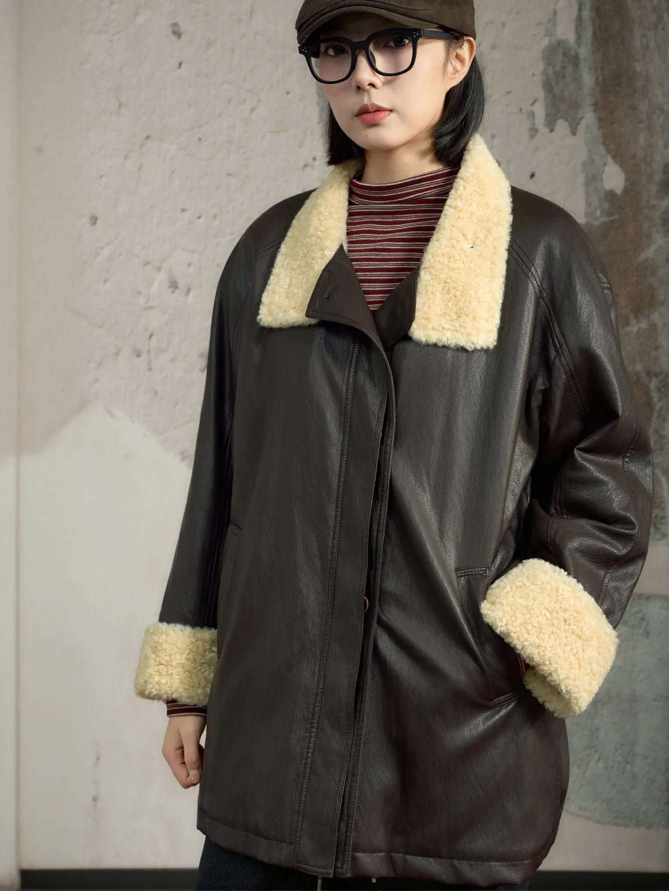 Oversized Faux Shearling Trim Leather Jacket