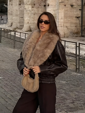 Oversized Faux Fur Collar Leather Jacket