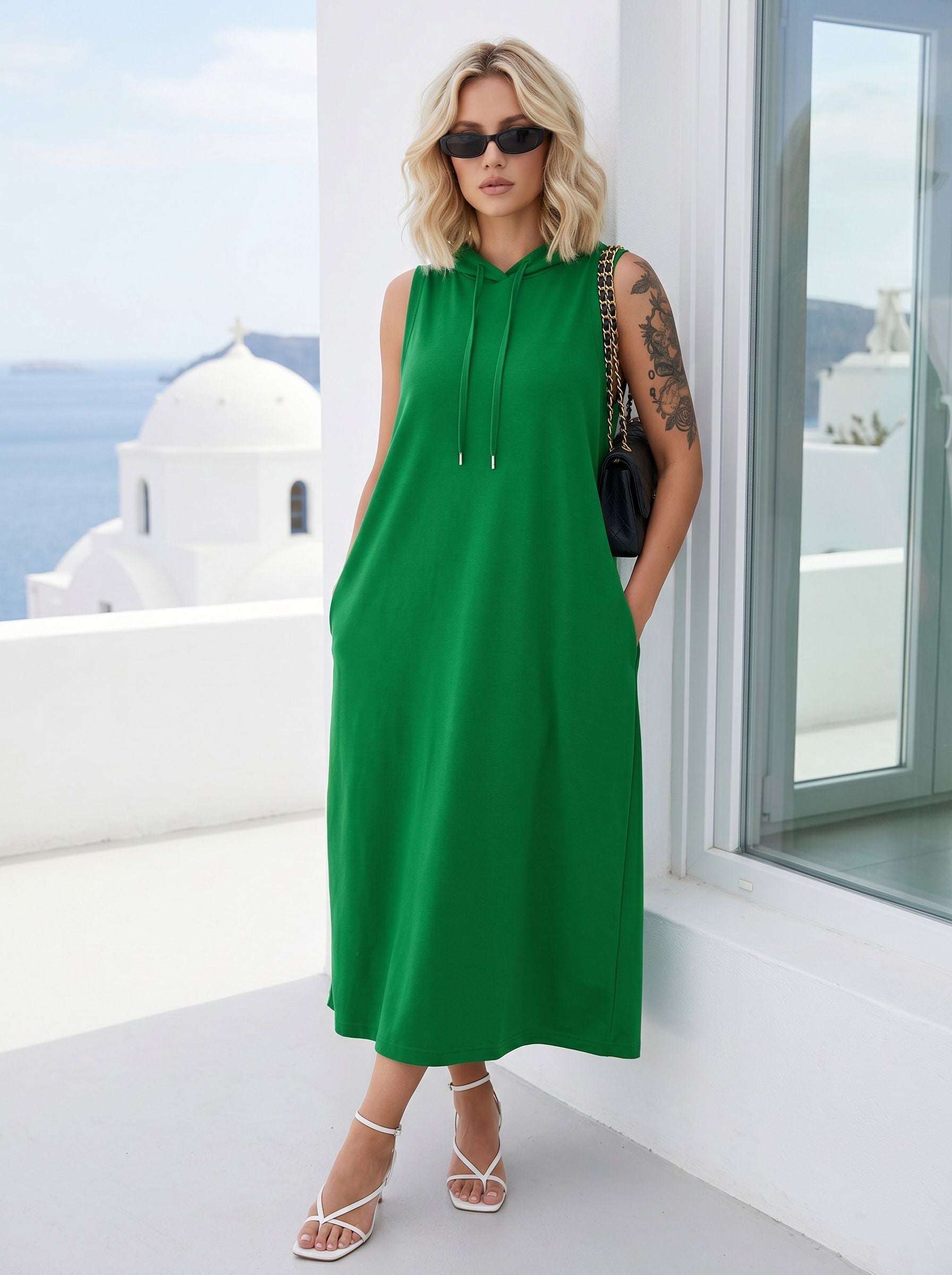 Sleeveless Hooded Casual Midi Dress