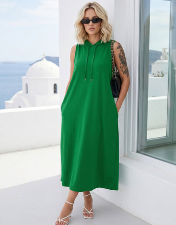 Sleeveless Hooded Casual Midi Dress