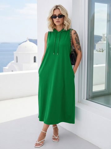 Sleeveless Hooded Casual Midi Dress