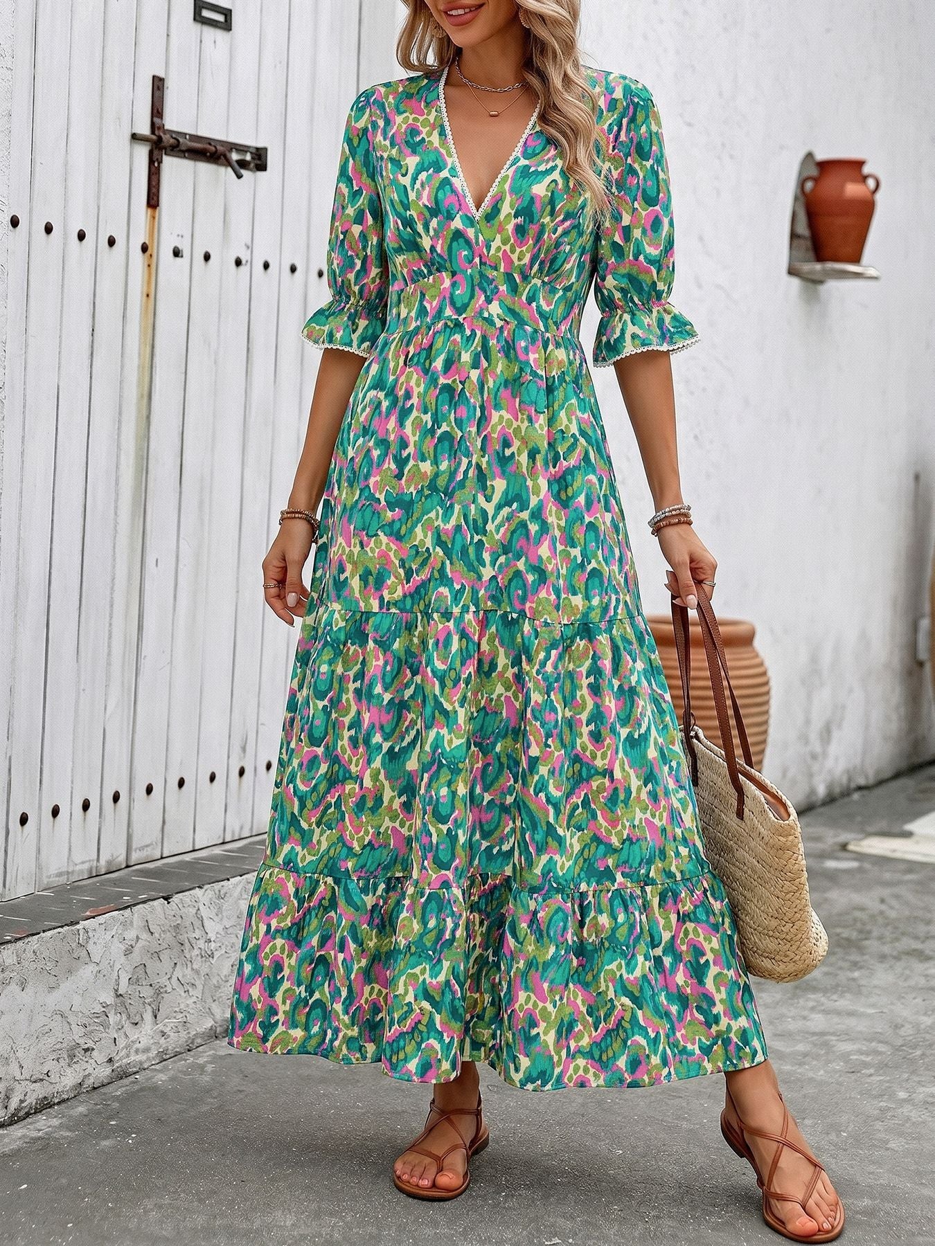 Boho Floral V Neck Maxi Dress