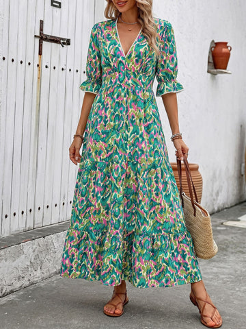 Boho Floral V Neck Maxi Dress
