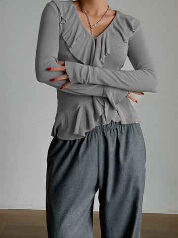 Ruffled V Neck Long Sleeve Pullover