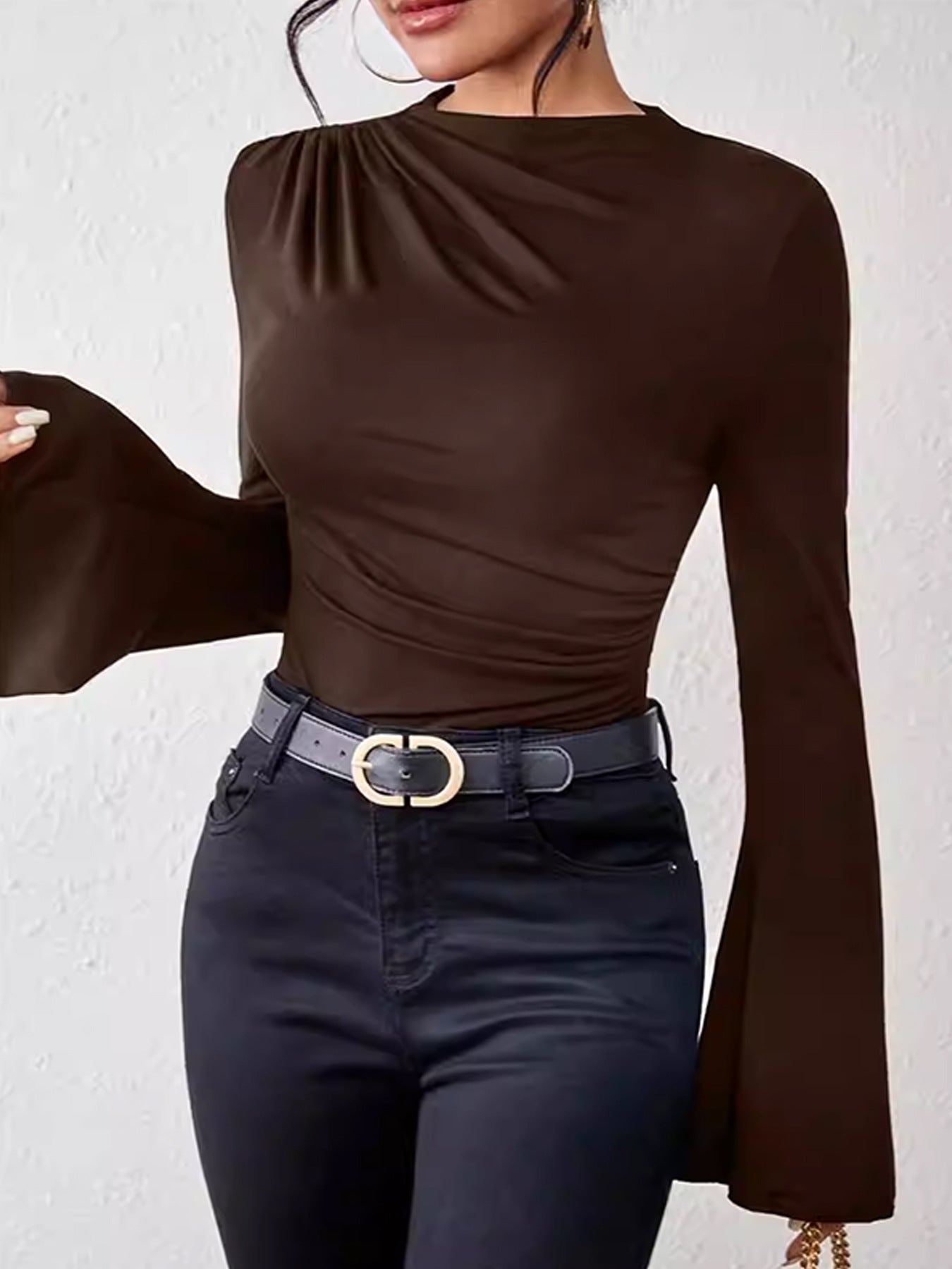 Ruched Bell Sleeve Mock Neck Tee