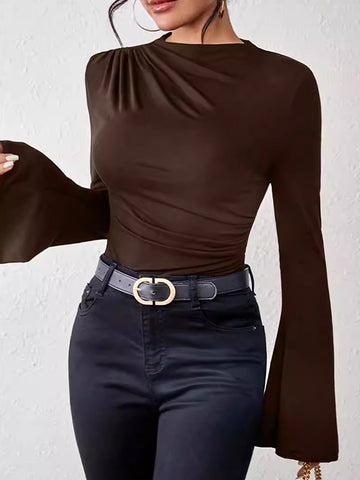 Ruched Bell Sleeve Mock Neck Tee