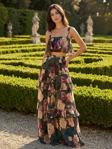 Floral Ruffle Crop Top Maxi Set