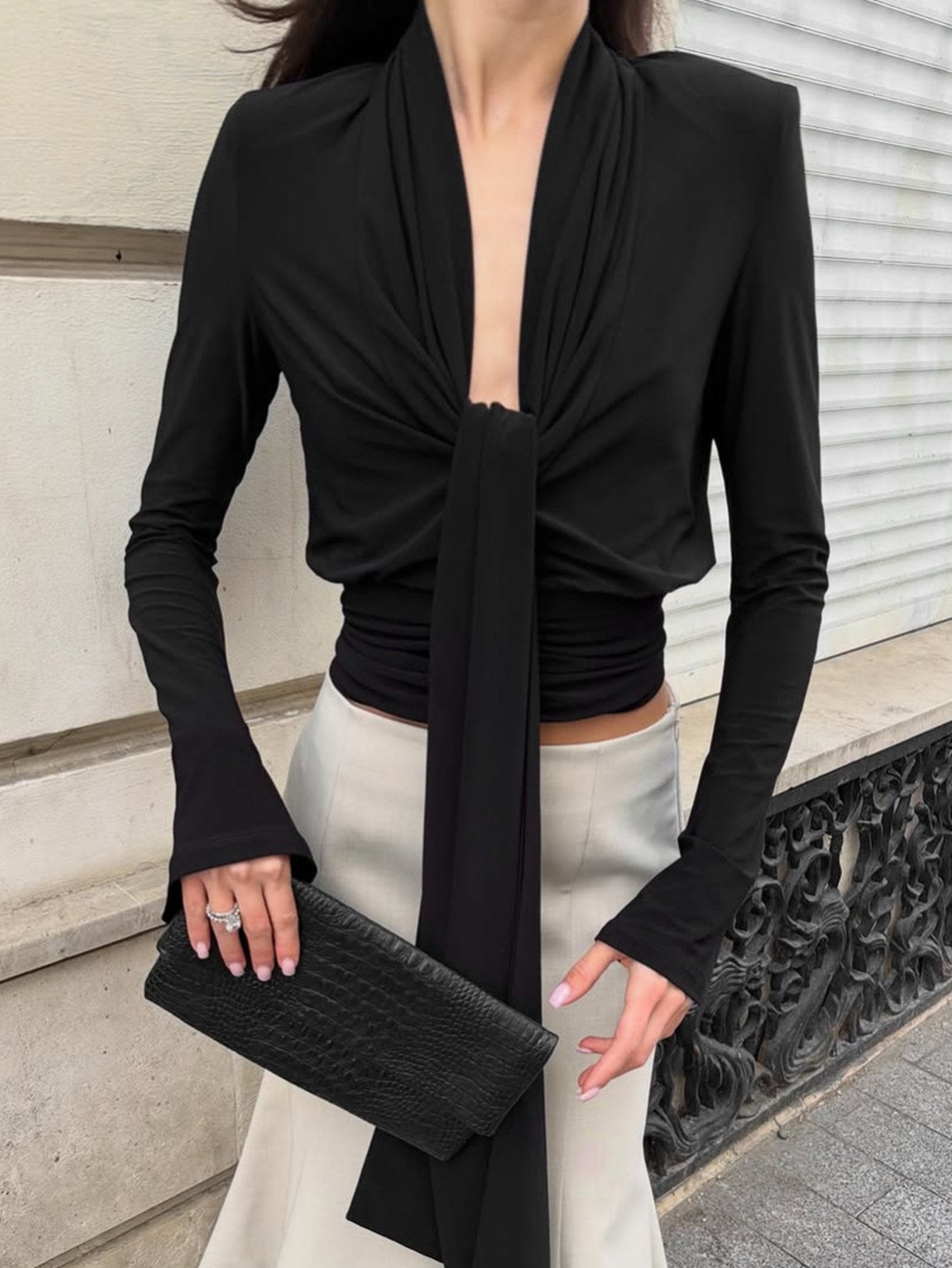 Plunging Neck Tie Front Long Sleeve Top