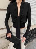 Plunging Neck Tie Front Long Sleeve Top
