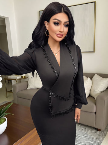 Beaded Trim Peplum Bodycon Midi Dress