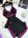 Lace Trim Satin Pajama Set