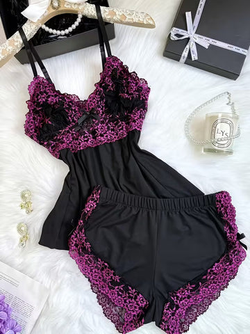 Lace Trim Satin Pajama Set