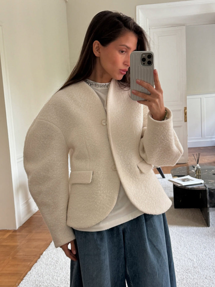 Textured Wool Blend Cropped Coat