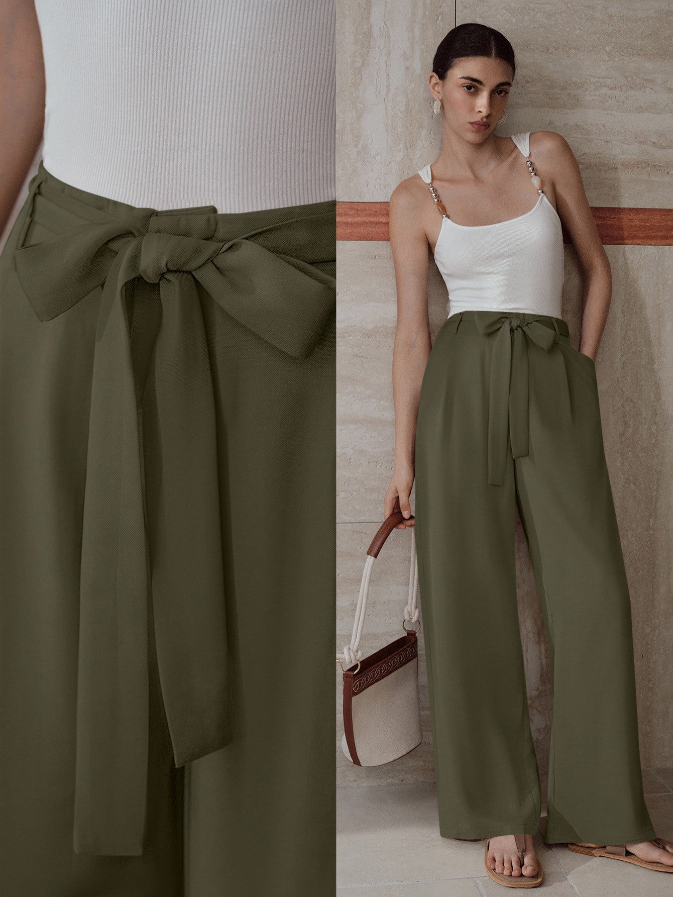 High Waisted Tie Front Trousers