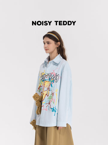 Oversized Graphic Teddy Bear Button Shirt