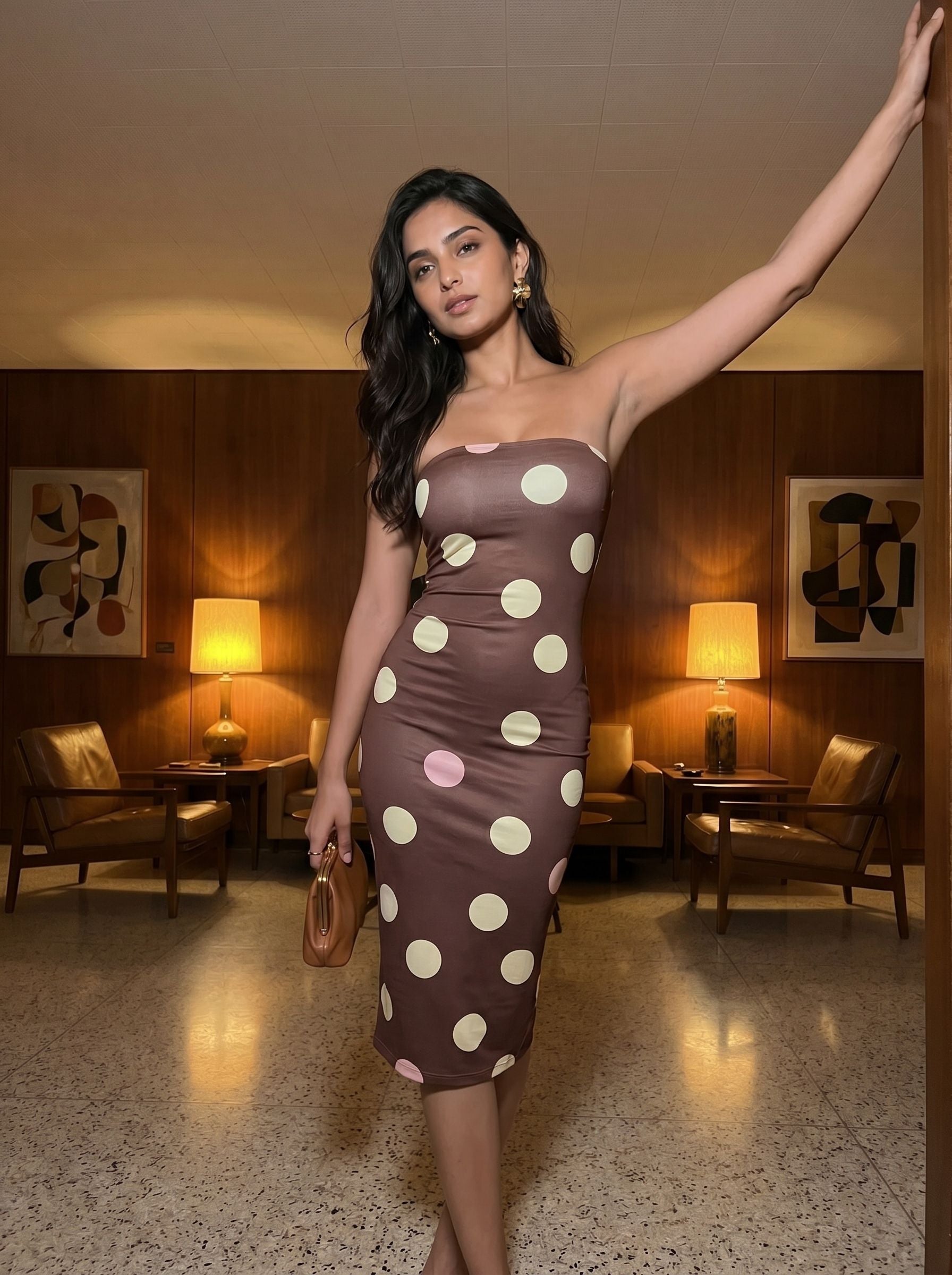 MAIA Retro Polka Dot Print Strapless Sheath Midi Dress