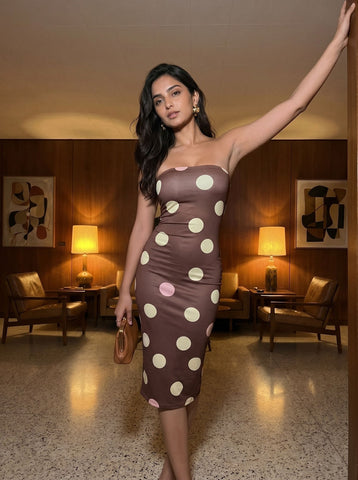 MAIA Retro Polka Dot Print Strapless Sheath Midi Dress