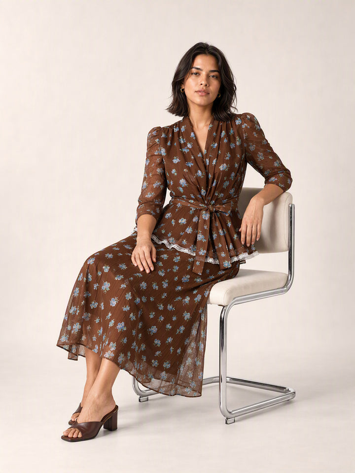 Floral Belted Puff Sleeve Skirt Set