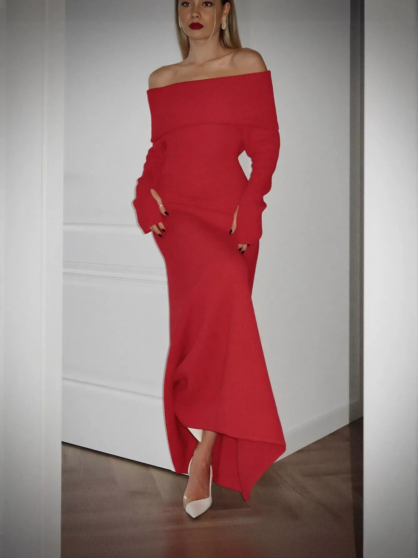 Off Shoulder Ribbed Knit Maxi Dress