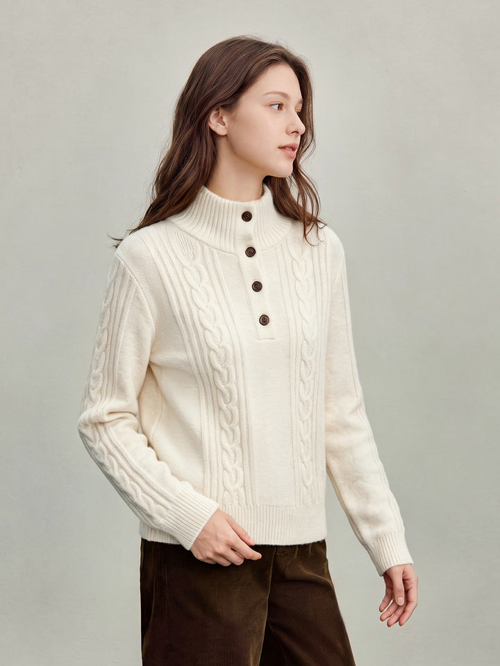Cozy Cable Knit Button Mockneck Sweater