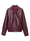 Burgundy Cropped Faux Leather Bomber Jacket