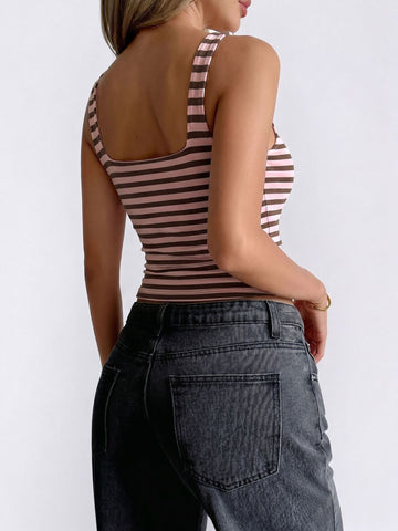 Stretchy Striped Square Neck Tank Top
